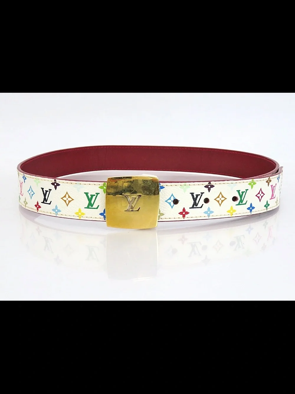 Louis Vuitton White Multicolor Monogram Belt with Gold LV Buckle